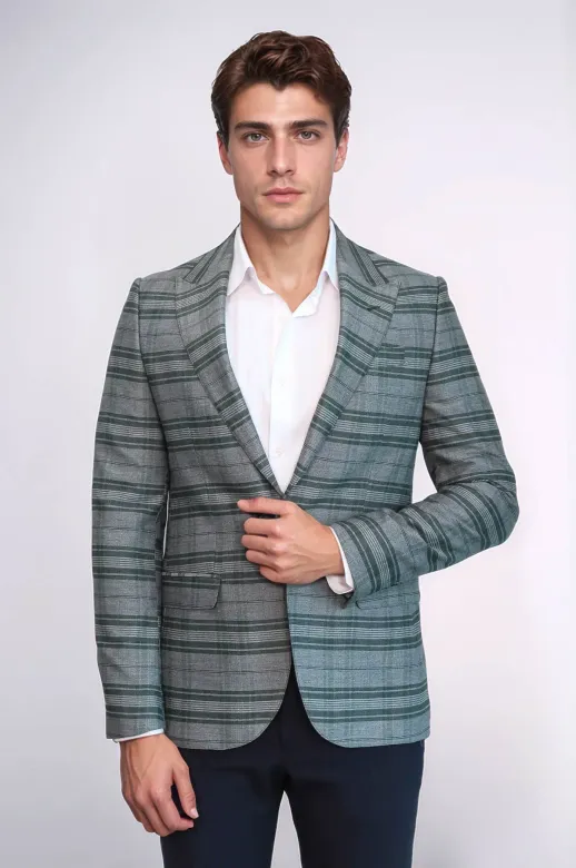 Ekose Slim Fit Tek Düğme Yeşil Erkek Ceket - Wessi