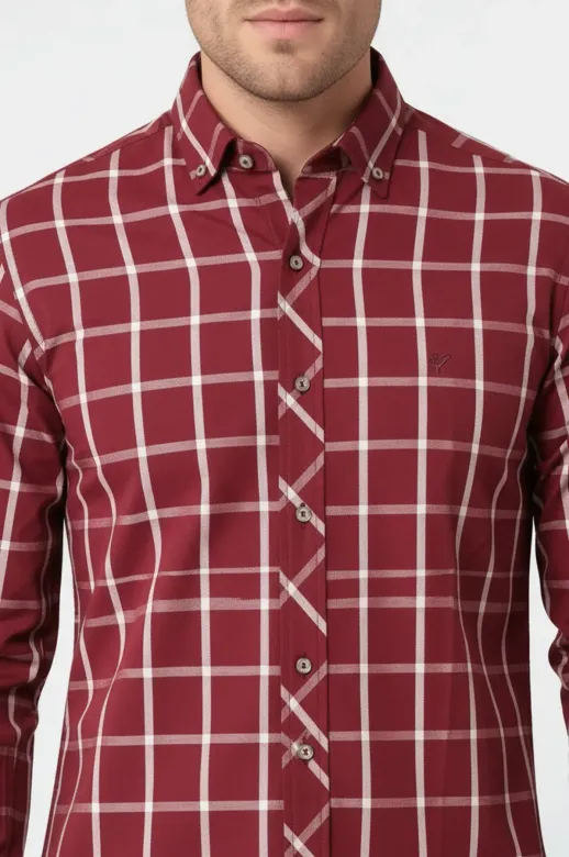 Ekoseli Slimfit Bordo Gömlek - Wessi - S / Bordo