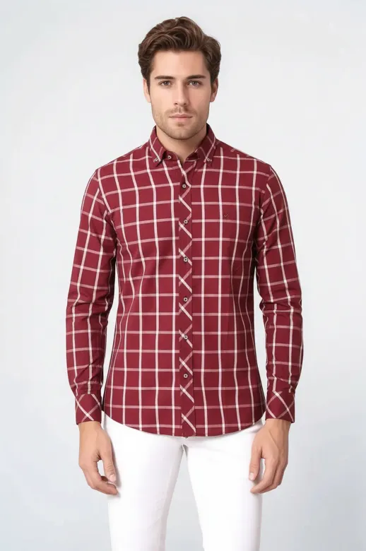 Ekoseli Slimfit Bordo Gömlek - Wessi - S / Bordo