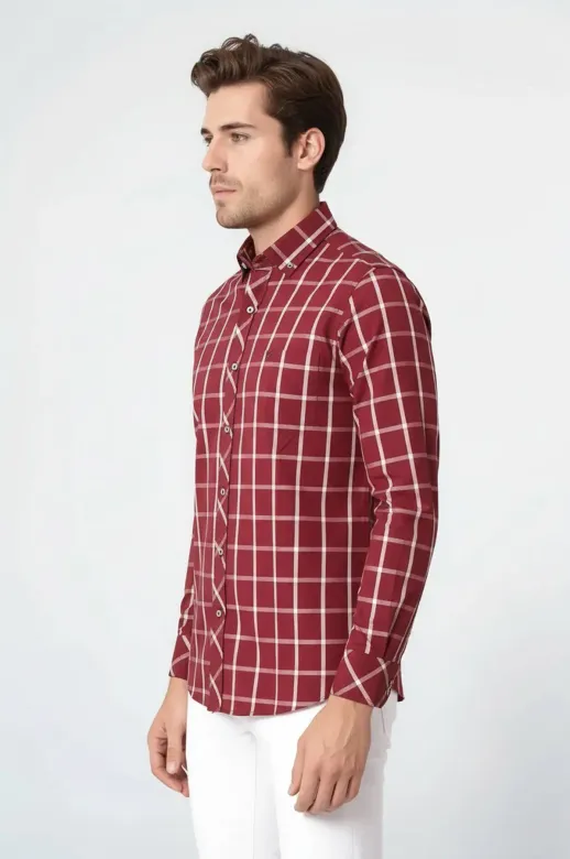 Ekoseli Slimfit Bordo Gömlek - Wessi - S / Bordo