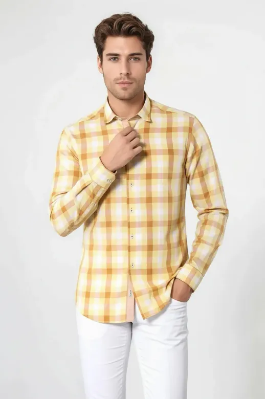 Ekoseli Slimfit Sarı Gömlek - Wessi - S / Sarı