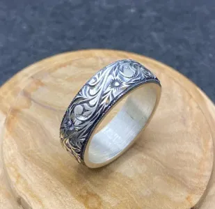 El yapımı 925 ayar gümüş, el oyması yüzük | Osmanlı Rumi motifli mühür yüzük, 15 gram.