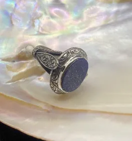 El Yapımı 925 Ayar Gümüş Katı Lapis Lazuli Yüzük | Osmanlı İşlemeli Bölünmüş Saplı 17 Gram