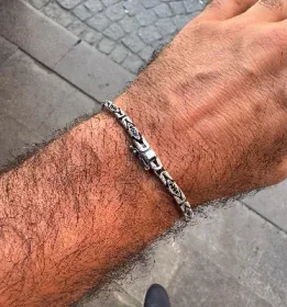 El Yapımı 925 Ayar Gümüş Siyah Zirkon Bizans Bileklik | İnce Kral Zincir Erkek Bileklik 15 Gram
