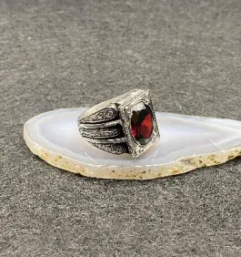 El Yapımı, Ağır Kırmızı Yakut Taşlı, Gümüş Erkek Yüzüğü | Osmanlı İşlemeli