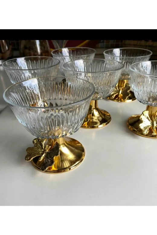 Elzem MNL1022 6 Lı Gold Ayaklı Cam Şekerlik Çerezlik Sunumluk Kelebekli Model Baharatlık