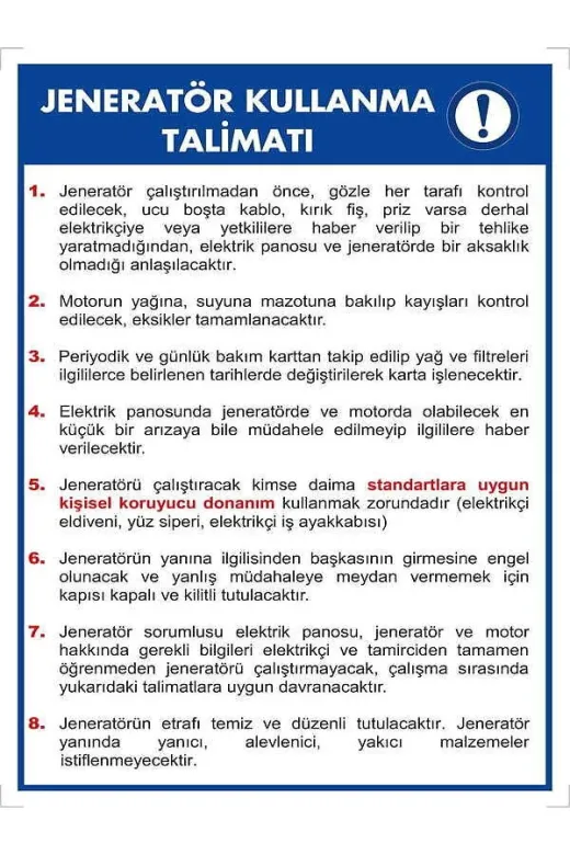 Emek İkaz Levhaları EMEK2093 Jeneratör Kullanma Talimatı Uyarı/ikaz Levhası
