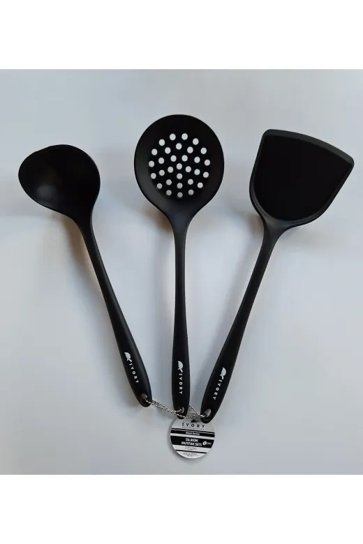 EMPA TYC88B38367C9E6508 İvory Yanmaz Yapişmaz Siyah Kevgir Spatula Kepçe 3'lü Set