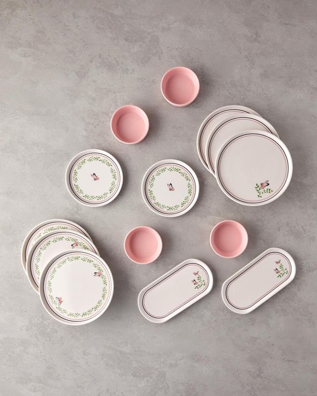 English Home 129999-* Somnia Seramik Kahvaltı Takımı 14 Parça 6 Kişilik Yeşil-Pembe