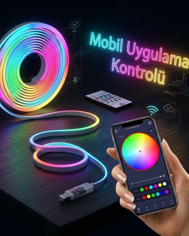 Epilons 121640321 Akıllı Rgb Led Neon Şerit Işık 3M Usb Bağlantılı Uzaktan Kumanda Ve Mobil Uygulama Kontrolü Çok Renkli