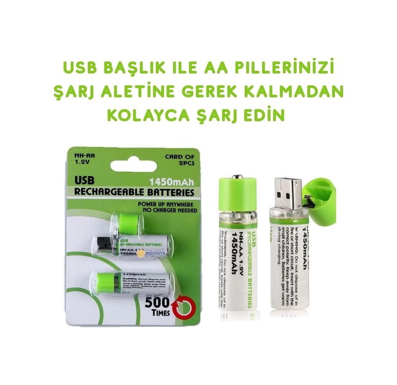 Epilons epo10040 Usb Şarjlı 1450Mah Aa 1.2V Lityum Kalem Pil 2 Li Set Dönüşümlü Batarya