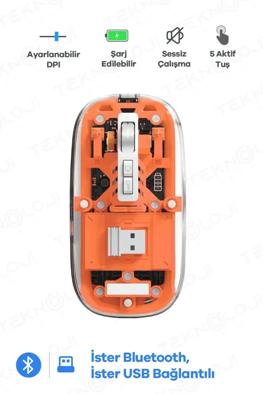 Epilons P109148S3227 Bluetooth Usb Çift Modlu Sessiz Mouse, Şeffaf Mıknatıslı Kapaklı, Type-C Şarjlı, Dpi Ayarlı, Kablosu