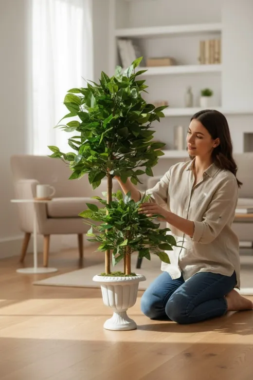 ERHAN FLOWERS bnj-140-190 Yapay Çiçek Nergiz Saksıda Benjamin Salon Ev Ağacı Yeşil Bitkisi Bambu Gövdeli Dolgun 125-85 Cm