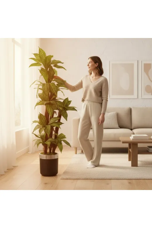 ERHAN FLOWERS ERH-A-1261 Yapay Dracaena 180 Cm - 3 Gövdeli Zebra Desenli Yapay Ağaç Siyah Gümüş Saksı