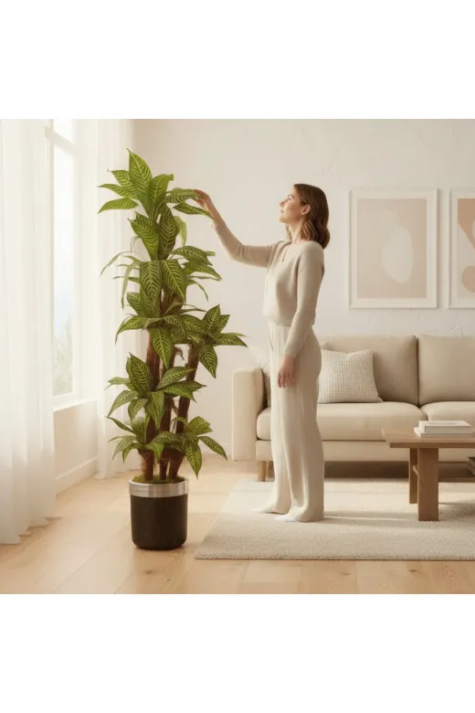 ERHAN FLOWERS ERH-A-1261 Yapay Dracaena 180 Cm - 3 Gövdeli Zebra Desenli Yapay Ağaç Siyah Gümüş Saksı