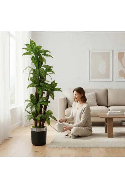 ERHAN FLOWERS ERH-A-1261 Yapay Dracaena 180 Cm - 3 Gövdeli Zebra Desenli Yapay Ağaç Siyah Gümüş Saksı