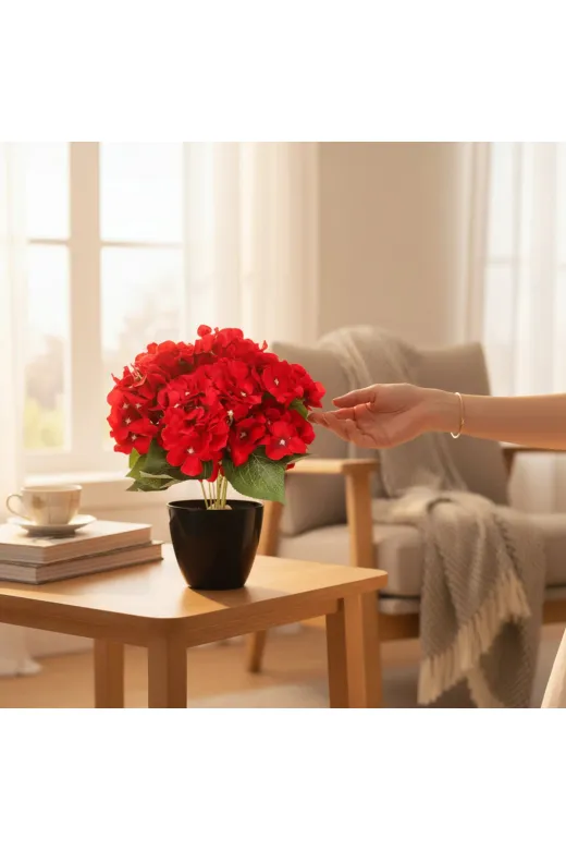 ERHAN FLOWERS ERH-C-MB-1005 Siyah Plsatik Vazoda Yapay Ortanca Aranjmanı - 45 Cm Kırmızı Ortanca