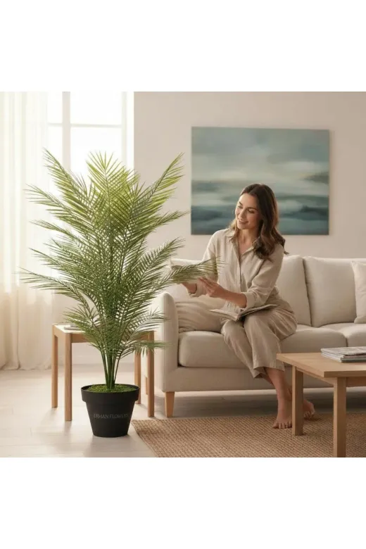 ERHAN FLOWERS erh.1577 Yapay Areka Ağacı Palmiye Ağacı Salon Bitkisi Yapay Areka 130 Cm 20 Yaprak Siyah Plastik Saksı