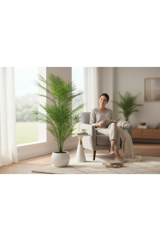ERHAN FLOWERS erh.1587 Yapay Areka Ağacı Palmiye Ağacı Salon Bitkisi Yapay Areka 130 Cm 20 Yaprak Beyaz Küre Saksı