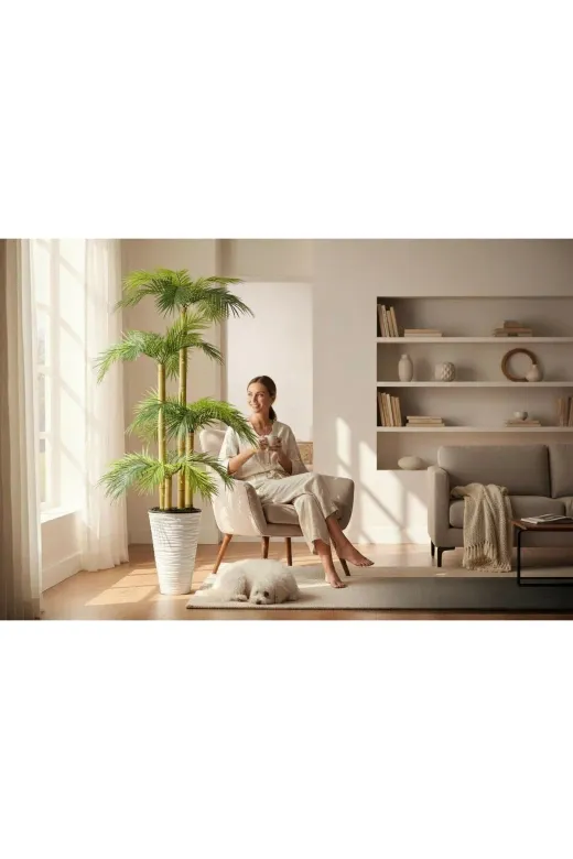 ERHAN FLOWERS erh.1673 Yapay Palmiye Ağacı Bambu 4 Gövdeli 36 Yaprak 145 Cm Kumsal Plastik Saksılı