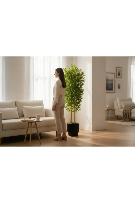 ERHAN FLOWERS erh.1683 Yapay Bambu Ağaç 160 Cm 6 Dallı Yogun Yaprak Vega Siyah Saksı