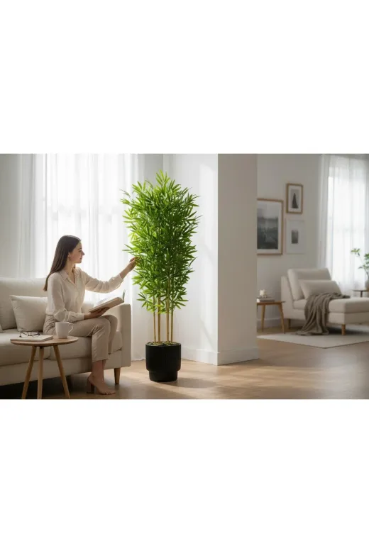 ERHAN FLOWERS erh.1683 Yapay Bambu Ağaç 160 Cm 6 Dallı Yogun Yaprak Vega Siyah Saksı