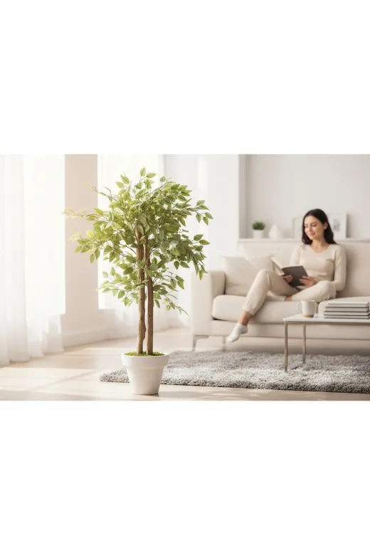 ERHAN FLOWERS erh.2117 Yapay Salon Çiçegi Yapay Ağaç 130 Cm 2 Gövdeli Beyaz Plastik Saksi