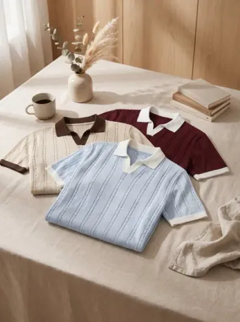 Erkek 3'lü Paket Örgü Desen Yakalı Kısa Kollu Triko Tişört - %100 Pamuk Akrilik - L - Çok Renkli