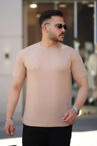 Erkek Ağaç Kabuğu Desenli Kısa Kollu T-shirt - M - Bej