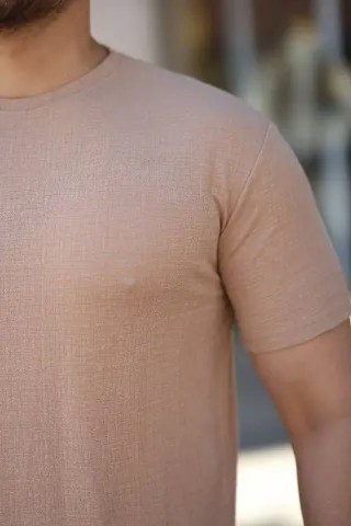 Erkek Ağaç Kabuğu Desenli Kısa Kollu T-shirt - XL - Bej