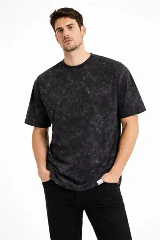 Erkek Asit Yıkama Bisiklet Yaka Kısa Kollu Oversize T-Shirt Tişört - Siyah - XL - Siyah