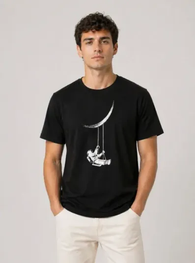 Erkek Astronot Ay Temalı Tişört Kısa Kol Yazlık Bisiklet Yaka T-Shirt - Siyah - L - Siyah