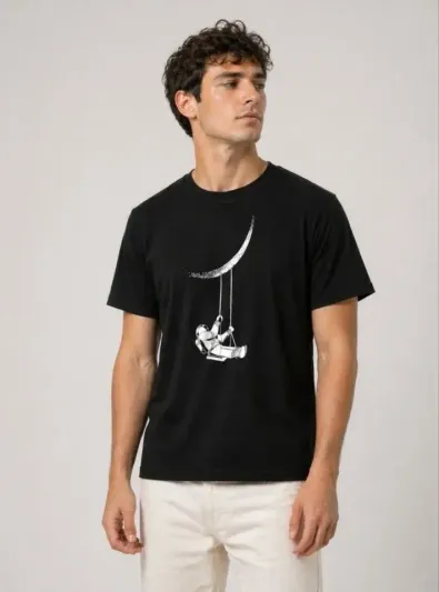 Erkek Astronot Ay Temalı Tişört Kısa Kol Yazlık Bisiklet Yaka T-Shirt - Siyah - L - Siyah