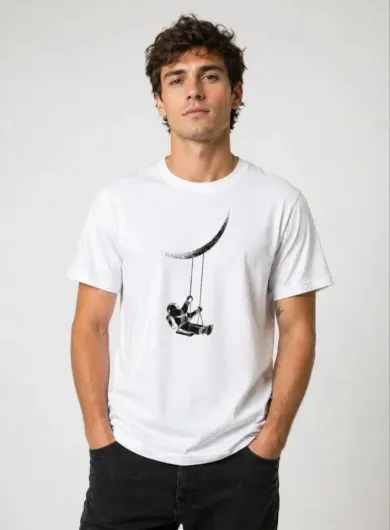 Erkek Astronot Ay Temalı Tişört Kısa Kol Yazlık Bisiklet Yaka T-Shirt - Beyaz - S - Beyaz