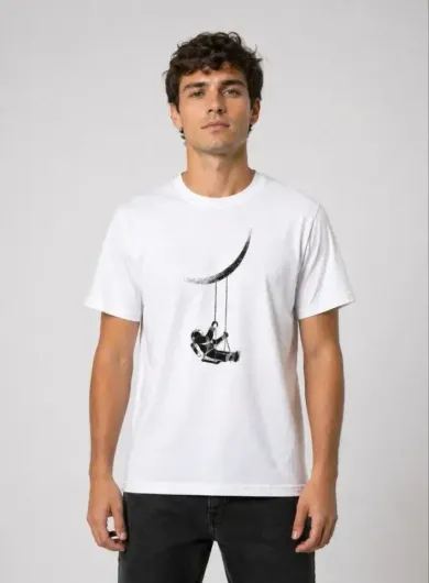 Erkek Astronot Ay Temalı Tişört Kısa Kol Yazlık Bisiklet Yaka T-Shirt - Beyaz - 2XL - Beyaz