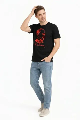 Erkek Atatürk Baskılı Tişört Kısa Kollu Bisiklet Yaka T-Shirt - Siyah - XL - Siyah