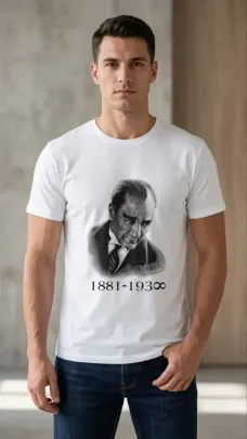 Erkek Atatürk Baskılı Tişört Kısa Kollu Bisiklet Yaka T-Shirt - Beyaz - 2XL - Beyaz