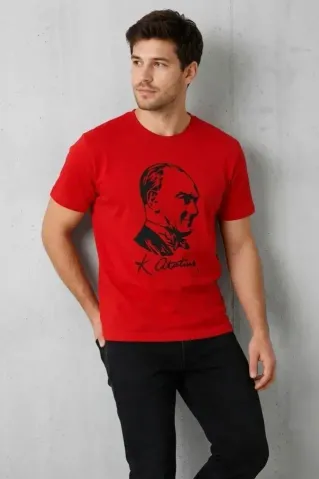 Erkek Atatürk Baskılı Tişört Kısa Kollu Bisiklet Yaka T-Shirt - Kırmızı - L - Kırmızı