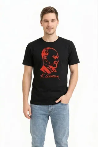 Erkek Atatürk Baskılı Tişört Kısa Kollu Bisiklet Yaka T-Shirt - Siyah - M - Siyah
