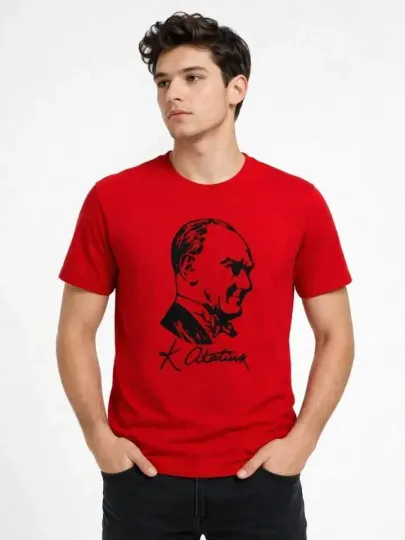Erkek Atatürk Baskılı Tişört Kısa Kollu Bisiklet Yaka T-Shirt - Kırmızı - S - Kırmızı