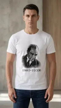 Erkek Atatürk Baskılı Tişört Kısa Kollu Bisiklet Yaka T-Shirt - Beyaz - S - Beyaz
