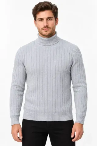 Erkek Balıkçı Yaka Tam Boğazlı Kalın Fitilli Regular Fit Triko Kazak - Gri - 2XL - Gri
