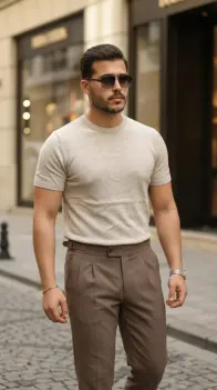 Erkek Basic Bisiklet Yaka Kısa Kollu Triko Tişört - %100 Pamuk Akrilik - 2XL - Bej