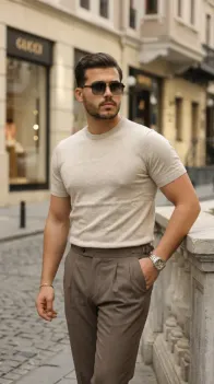 Erkek Basic Bisiklet Yaka Kısa Kollu Triko Tişört - %100 Pamuk Akrilik - 2XL - Bej