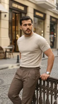 Erkek Basic Bisiklet Yaka Kısa Kollu Triko Tişört - %100 Pamuk Akrilik - 2XL - Bej
