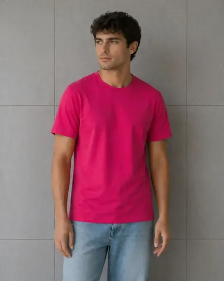 Erkek Basic Pamuklu Tişört Bisiklet Yaka Düz Renk Regular Fit T-Shirt - Fuşya - 2XL - Fuşya