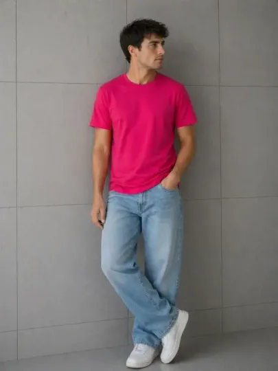 Erkek Basic Pamuklu Tişört Bisiklet Yaka Düz Renk Regular Fit T-Shirt - Fuşya - L - Fuşya