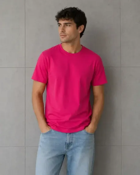Erkek Basic Pamuklu Tişört Bisiklet Yaka Düz Renk Regular Fit T-Shirt - Fuşya - L - Fuşya