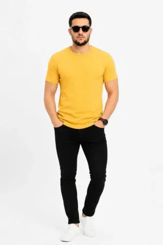 Erkek Basic Tişört Bisiklet Yaka Kısa Kol Günlük Yazlık Slim Fit T-Shirt - Sarı - XL - Sarı
