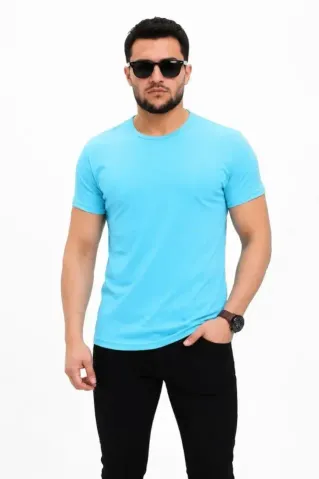 Erkek Basic Tişört Bisiklet Yaka Kısa Kol Günlük Yazlık Slim Fit T-Shirt - Açık Mavi - 2XL - Açık Mavi